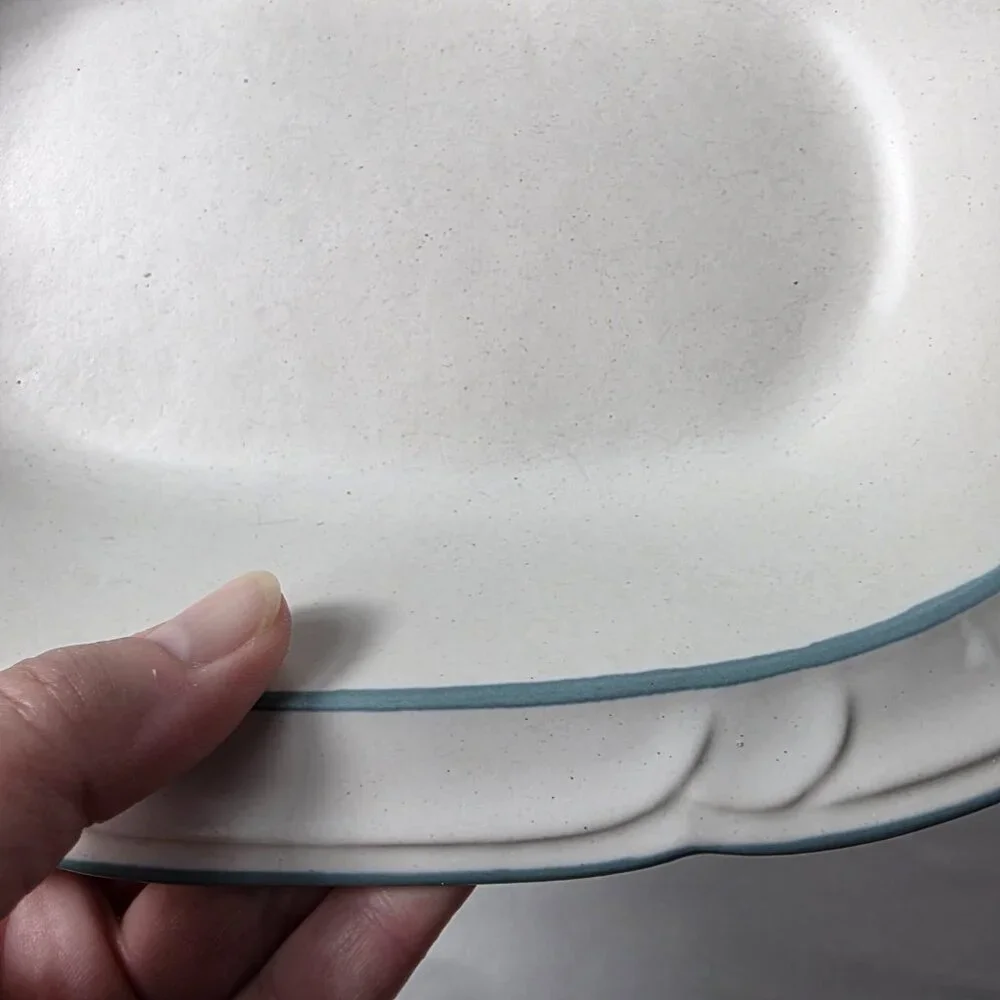 Country Ware Ashberry 10 Inch Oval Serving Bowl White with Blue Scalloped Edge